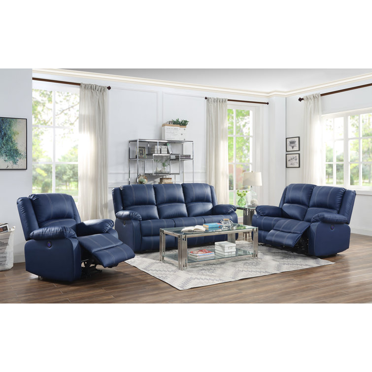 Navy blue leather recliner sofa deals set